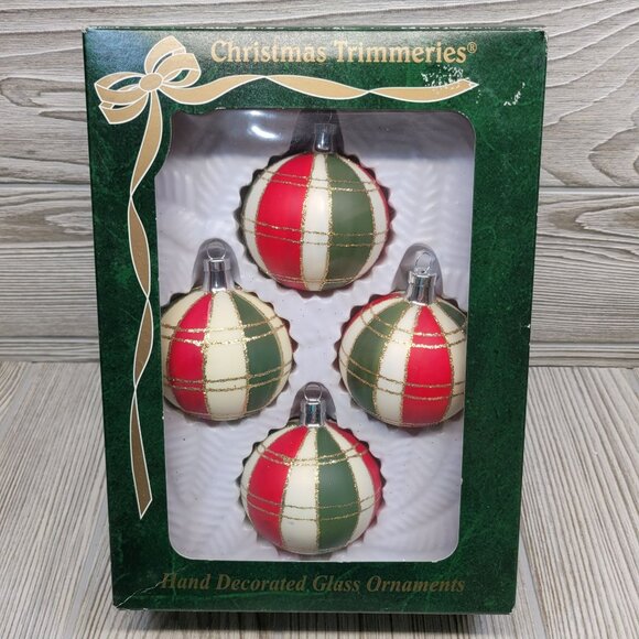Bradford Plaid Christmas Trimmeries Glass Tree Ornaments Stripes Red Green White - Picture 1 of 9